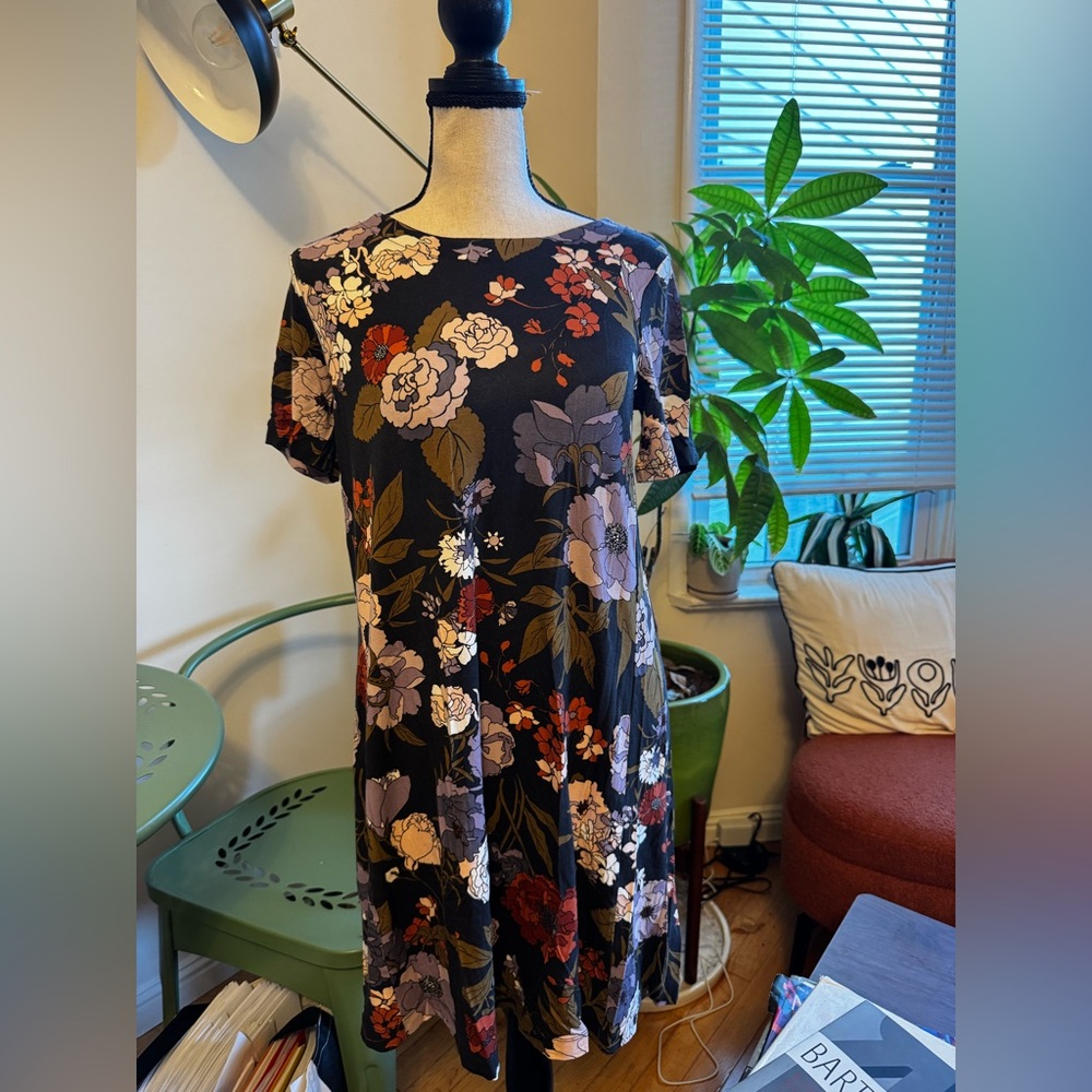 LOFT Black Floral Midi Dress